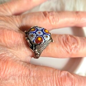 🌺 Vintage Millefiori Colorful Glass Solid Silver Lily Design Ring Size 7.5 🌺
